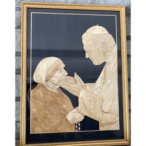 Marquetry Wall Art Of Mother Theresa and Pope John Paul Religious Wood Framed